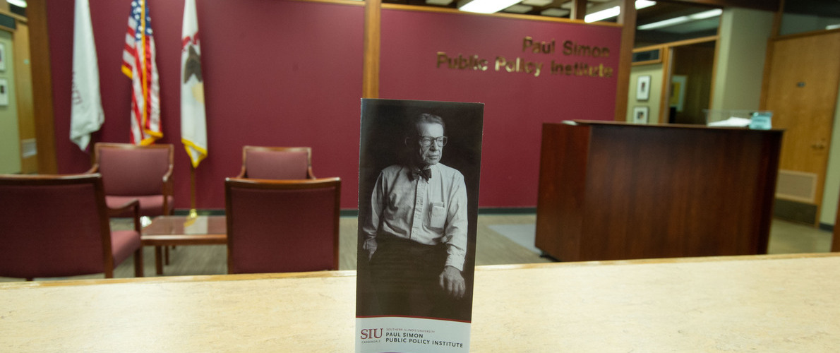 Paul Simon Public Policy Institute lobby with photo of Paul Simon